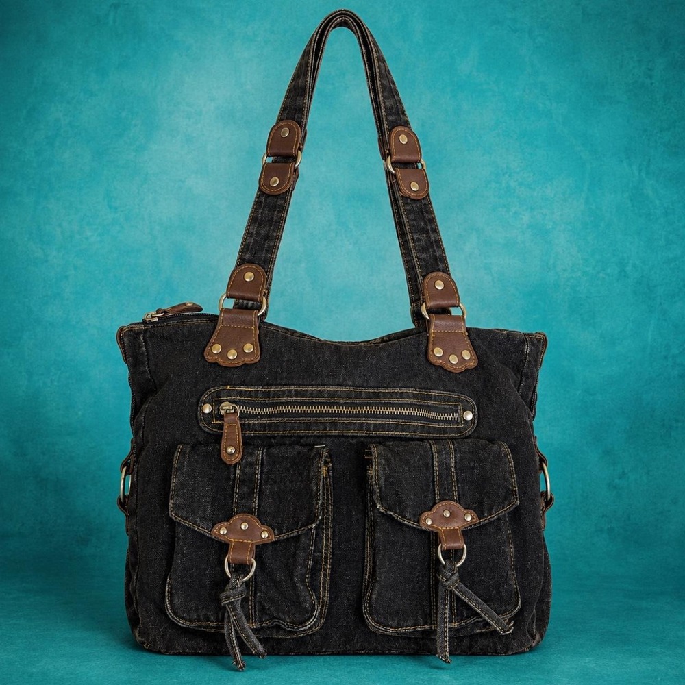 Urban Outfitters Y2K Black Denim Multi Pocket Shoulder Tote Bag Grunge Utility